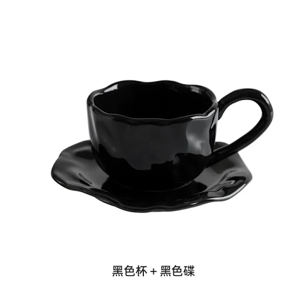 Modern Enfärgad Plisserad Keramisk Kaffemugg med Fat Eftermiddagste Dessertdryck Mugg Hem Tekopp Teservis Mugg Födelsedagspresent black