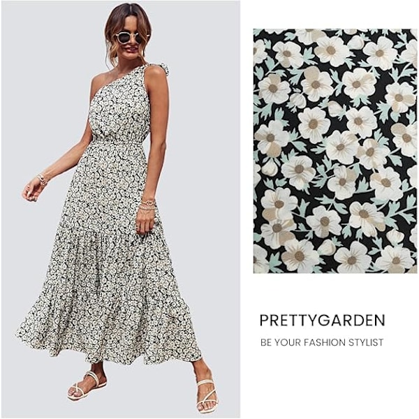 Naisten kesän kukkakuvioinen maksimekko solmulla, yksi olkain, hihaton, röyhelöinen, laskeutuva boho-rantahäävierasmekko S