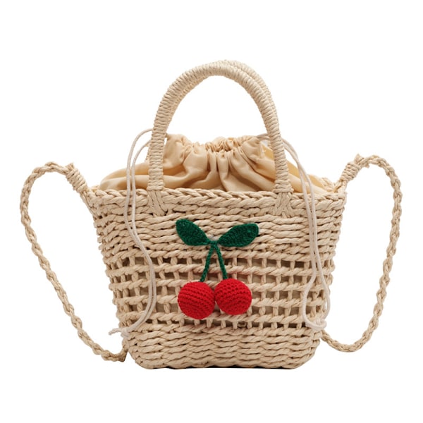 Lille halm spand tasker til kvinder sommer crossbody tasker dame rejse pung og håndtasker kvindelige skulder messenger taske White cherries