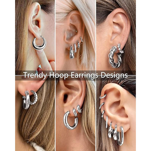 7 st Sliver Hoop Örhängen Set för Kvinnor Sliver Pläterade Chunky Hoops Twisted Huggie Hoop Örhängen för Present Lättvikt Sliver