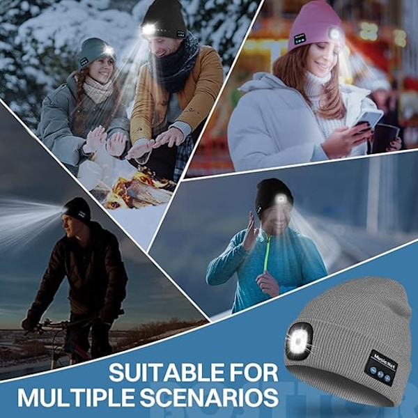 Bluetooth Beanie Hat med Lys, Hovedlampehue med Høretelefoner og Indbygget Højttalermikrofon, Gaver til Mænd Kvinder Teenagere Mist Blue