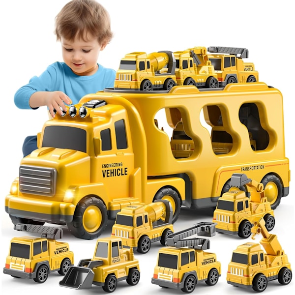 Construction Truck Toys Cars for Toddlers 7-in-1 Friction Power Vehicle Toy  Boys, Carrier Transport Trucks Kids Years,Car Set Boys & Girls