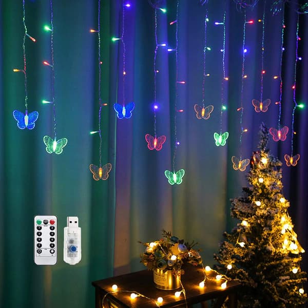Sommerfugl Gardinlys, 8 Moduser 128LED Blinkende Lyslenke Colored 128LED