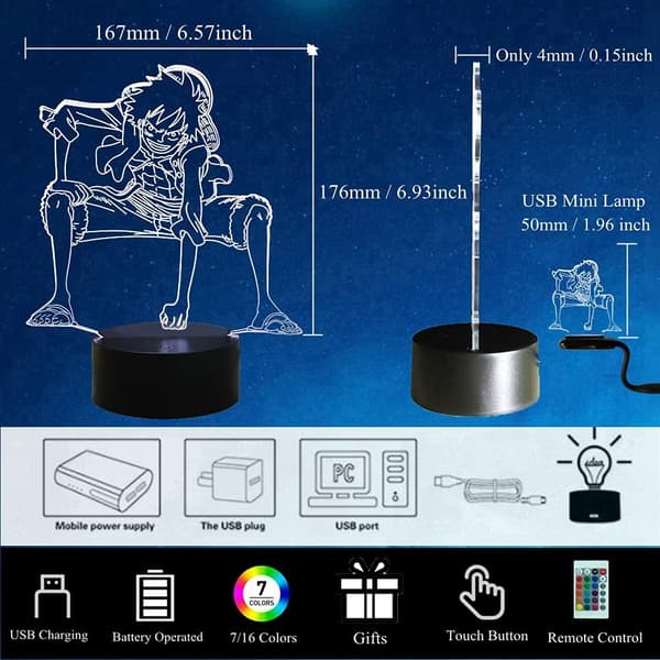 Luffy 3D Anime Natlampe, Monkey·D·Luffy USB LED Natlampe