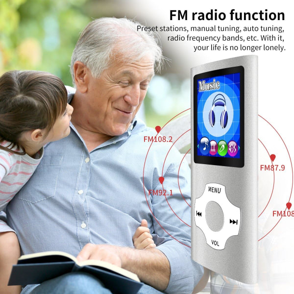 MP3/MP4 bärbar spelare, 1,8 tum LCD-skärm, maxstöd 64 GB, silver