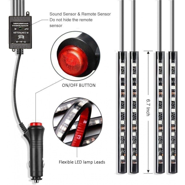 Billampor for bil 4 stk 36 LED-billampor Atmosfærelys Neonlys Flerfarget Musikk Billamp LED-stripebelysning Dekorativt Underdash-belysningssett