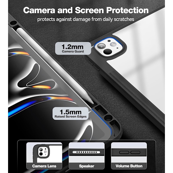 Fodral för 2024 iPad Pro-11 tum - M4 5:e generationens iPad-fodral med pennhållare, Stöder Pencil Pro, Transparent baksida, Sh0ck Black ipad pro 11M4