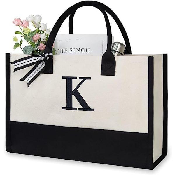 Brodert initial lerret tote bag, personlig gavepose, egnet for bryllup, bursdag, strand, ferie, er en flott gave til kvinner, mamma, venner K