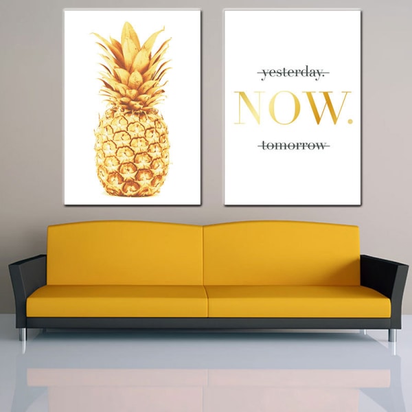 Gylden ananas og tekstvægkunst lærredstrykplakat, enkel modekunsttegning