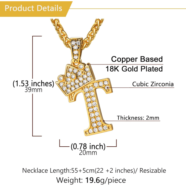 Krone Initial A-Z Halskjede, Iced Out Bokstavanheng med 22-24 Tommers Kjede, Menn Kvinner Bling Hip Hop Alfabet Navn Smykker Gave Store Initialer Halskjeder T 18K Gold