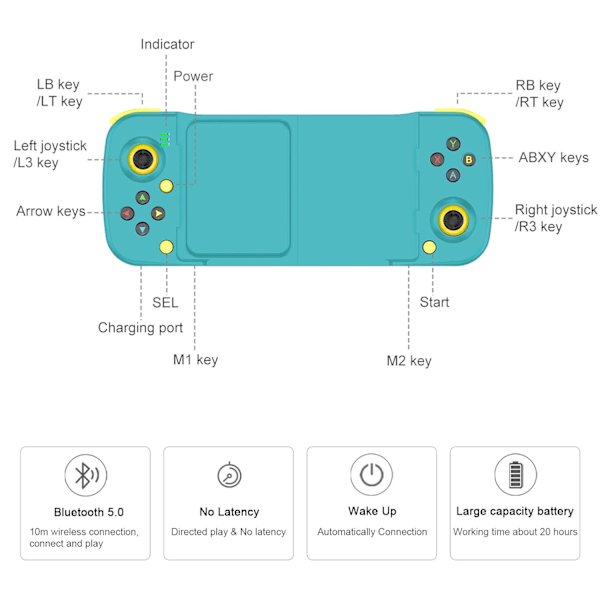 Bluetooth-kontroller för iPhone, Android, direkt spel, låg latens, telefonkontroller spelkontroll joystick för Galaxy S23 S22 S21 20 Ultra, iPhone 14 13 1 Blue