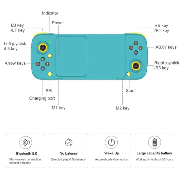 Bluetooth-kontroller for iPhone, Android, direkte avspilling, lav ventetid, telefonkontroller-spillkontroller-joystick for Galaxy S23 S22 S21 20 Ultra, iPhone 14 13 1 Blue