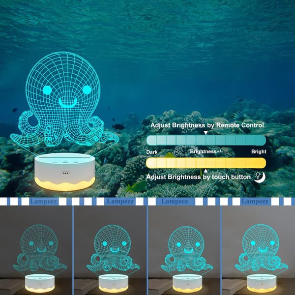 Blæksprutte 3D Natlampe Optisk Illusionslampe med 16 Farver