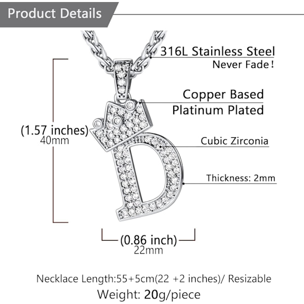 Krone Initial A-Z Halskæde, Iced Out Bogstav Vedhæng med 22-24 Tommer Kæde, Mænd Kvinder Bling Hip Hop Alfabet Navn Smykker Gave Store Initialer Halskæder D Silver