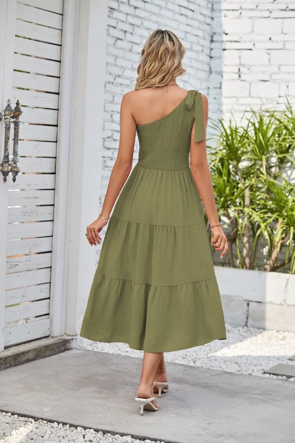 veless Ruffle Hem Flowy Boho Maxi Kjoler (Militærgrønn XL)