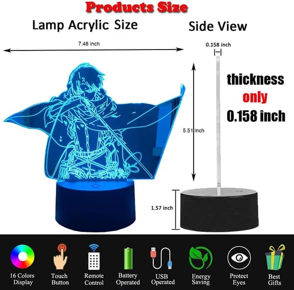 3D Anime LED Natlampe Levi Ackerman Anime Bordlampe, Atta