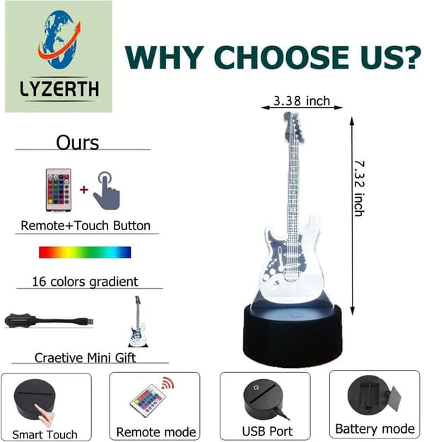 Musik Cool Guitar Bas 3D LAMPE Optisk Illusion LED Natlampe