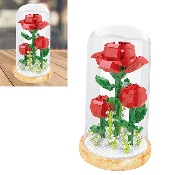 Växtbyggstenar Miniatyr DIY Byggstenar Bukett Krukväxter Prydnader Dekoration Leksaker med Skyddande Överdrag Rose