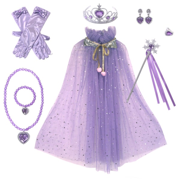 Princesse Tulle Kappe med Krone Halskæde Armbånd Tryllestav Prinsesse Udklædningstøj til Små Piger Børn Purple A S(65CM)