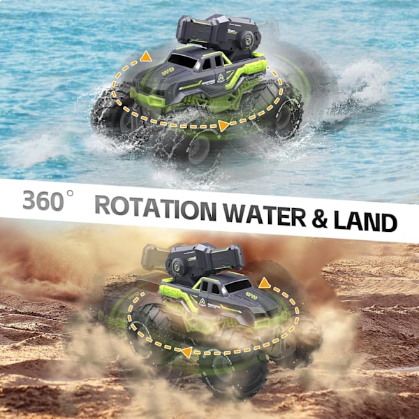 Amfibioinen Kaukosäädöllä Ohjattava Auto, Vesi- ja Maastotemppuauton Leikki, Vedenruiskutusaseella, Sopii Kaikille Maastoille 4WD Off-Road Auton Lahjat Lapsille Green