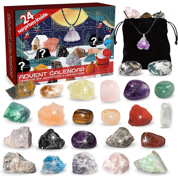 Adventskalender, Julkalender 24 Dagar Presentask med 24 Ädelstenar, Mineraler & Fossil för Pojkar Flickor Barn Tonåringar Jul Nedräkningskalender