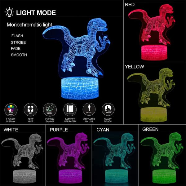 3D Dinosaur Optisk Illusion Natlampe 16 LED Farve Changi