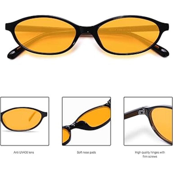 Retro soikeat aurinkolasit naisille, tyylikkäät kissansilmälasit 90-luvulta, kevyet kapeat sävyt, trendikkäät UV-suoja aurinkolasit Black Frame - Orange Lens