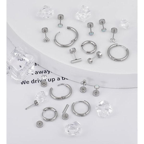 Kirurgiskt stål örhängen för kvinnor män 20 Gauge Hoop Stud Örhängen Set för flera piercingar CZ Boll Nap Örhängen Platt Baksida Hypoallergen Silvery