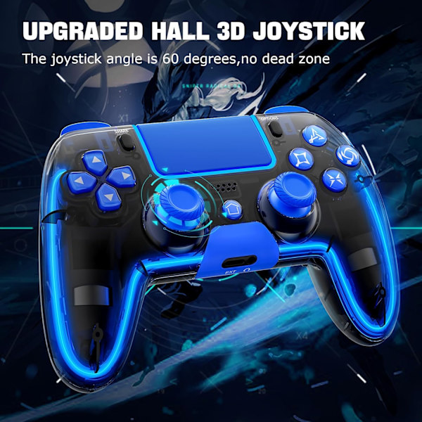 Langaton PS4-ohjain Hall 3D -ohjaussauvoilla/RGB LED -valoilla/ohjelmointitoiminnolla, PS4-ohjaimen etäohjainpeliohjain, peliohjain PS4/Slim/P:lle Blue
