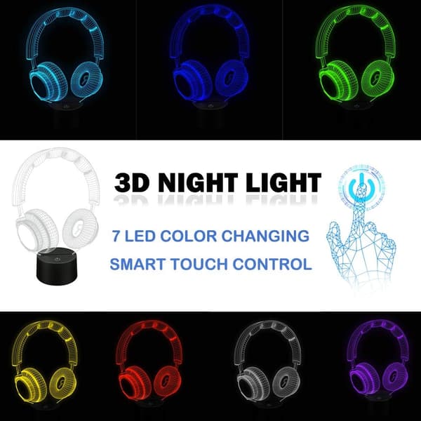 3D Illusion Hovedtelefon Headset Natlampe 7 Farver Skiftende