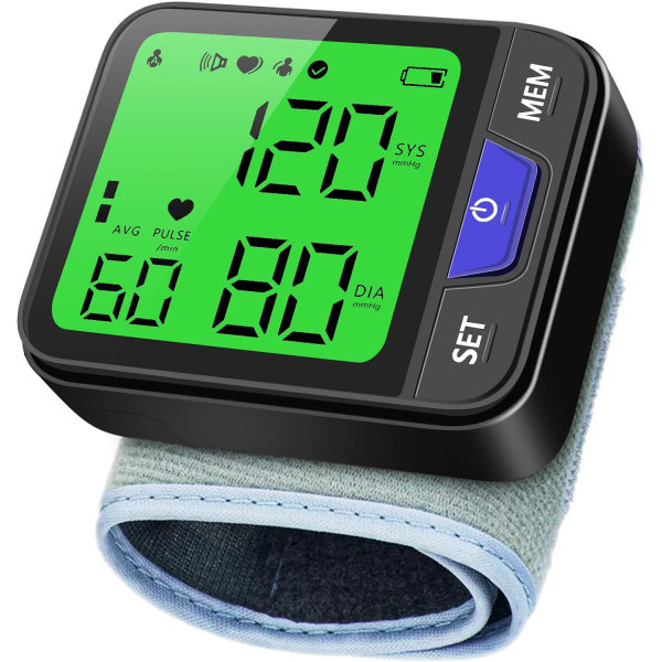 Automatisk blodtryksmåler til håndled med stemme, digitalt 3-farvet baggrundsbelyst LCD-display, 240 aflæsninger til to brugere, bærbar justerbar