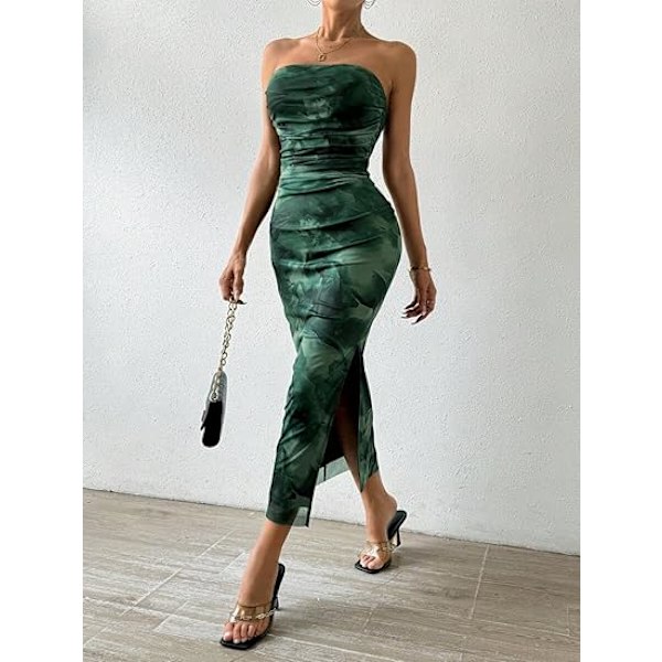 Sommerkjole til kvinder med print, stropløs tube top kjole, bodycon maxikjole med sideslids og lag af mesh M