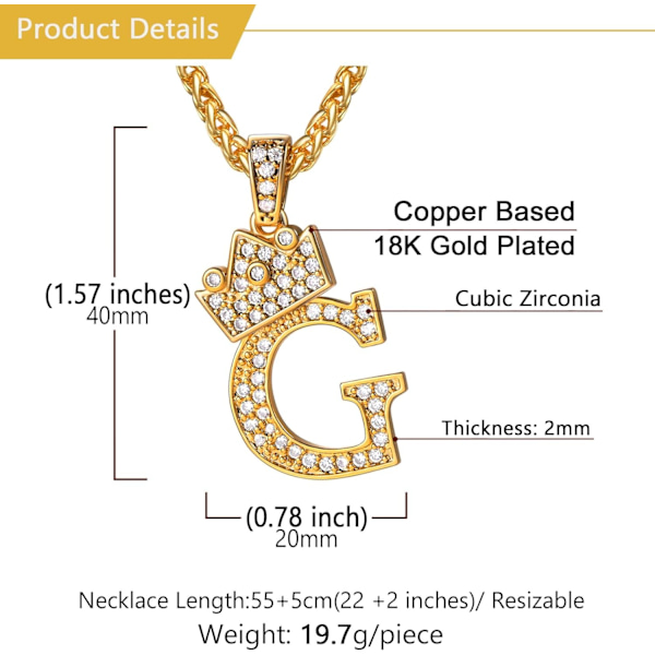Krone Initial A-Z Halskæde, Iced Out Bogstav Vedhæng med 22-24 Tommer Kæde, Mænd Kvinder Bling Hip Hop Alfabet Navn Smykker Gave Store Initialer Halskæder G 18K Gold