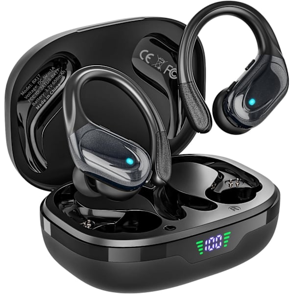 Langattomat nappikuulokkeet Bluetooth-kuulokkeet 80 tunnin toistoaika Kuulokkeet IPX7 Vedenpitävä ja virranäyttö ENC-kohinanvaimennusmikrofoni Korvan yli Stereo Bass-kuulokkeet Black