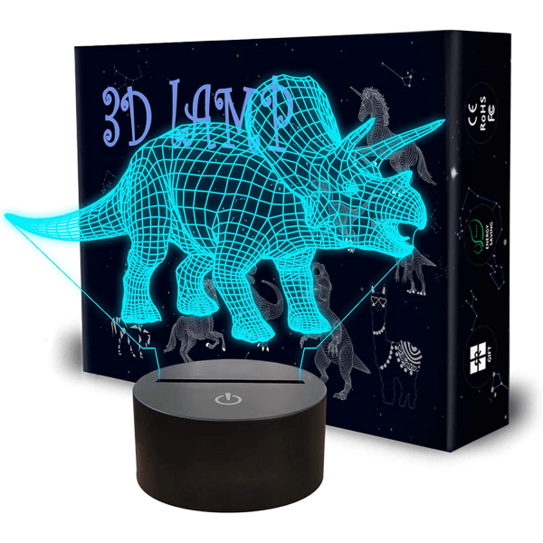 3D dinosaurienattlampa, upplysta dinosaurie leksaker, Triceratop