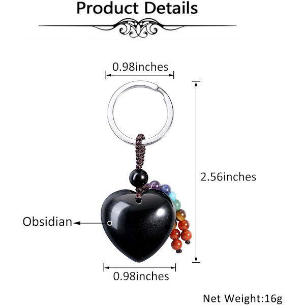 Luonnonkristalli sydän jalokivi avaimenperä 7 Chakra parantava kivi avaimenperä viehätys naisille Black Obsidian
