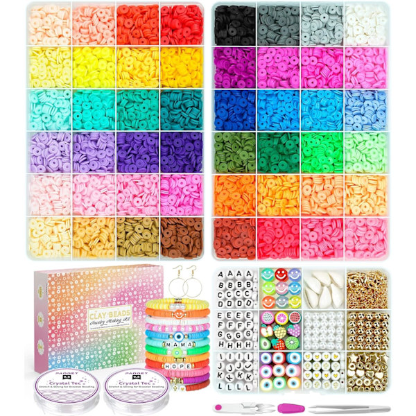 12 000 st lerpärlor för armband, 48 färger 3 lådor, smyckestillverkningssats polymer distanspärlor Preppy Heishi-pärlor och elastiska snören, hantverksgåva f