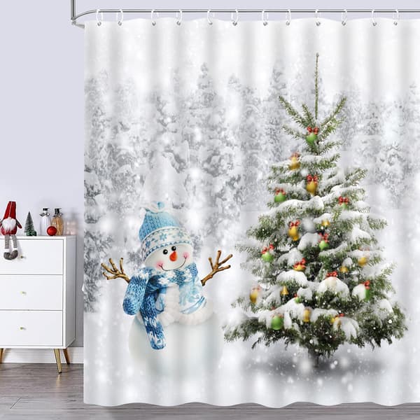 Julduschdraperiset 72\"x72\" - Söt Vinterbadrumsinredning med Snögubbe & Julgran, Vattentätt Duschdraperi för Badrum