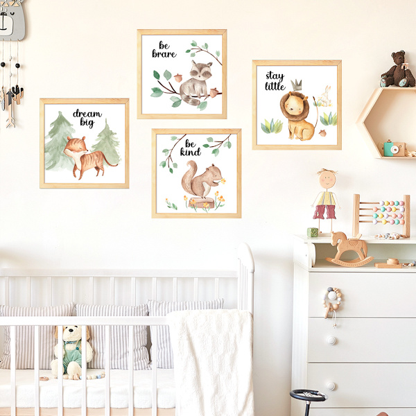 Babyrum Dekoration Cartoon Djur Bilder - 4 Pack Tema Barnkammare Väggkonst Dekaler för Pojkar Flickor Barn Barnrum