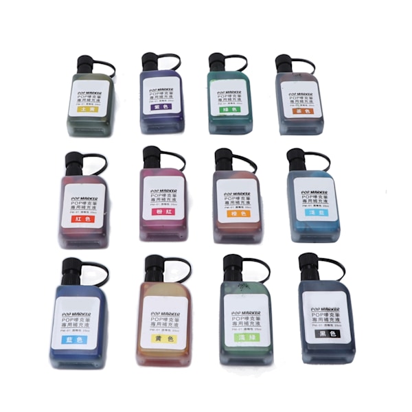 Marker Ink 12 Vibrerende Farver Falmebestandig Vandtæt Transparent Flaske Sikker Blæk Refill Kit