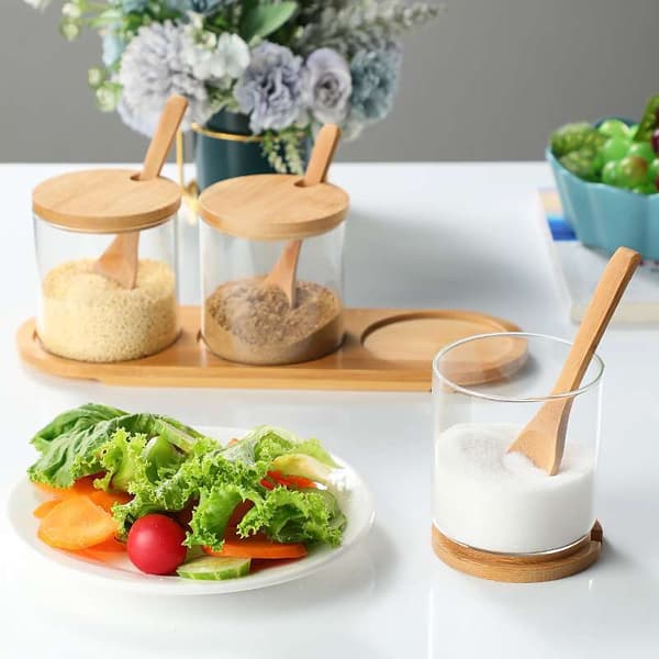 Kryddbehållare Set, gIass Kryddburkar, Salt Socker Krydda Kaffebehållare med Bambu Trälock och