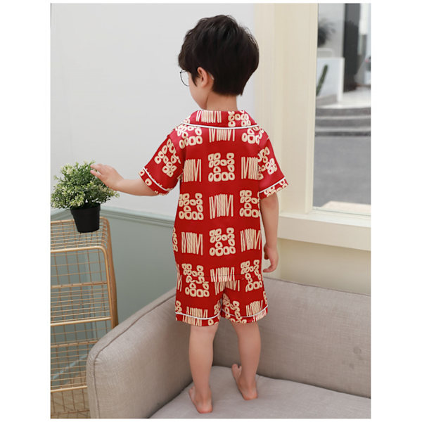 Toddler Button Up Pyjamas Sommar Pjs, Röd Geometri, L