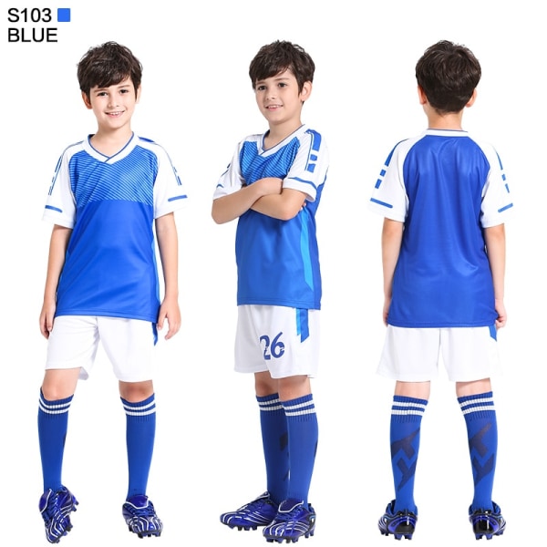 Fotbollströja Barn personlig fotbollströja Set anpassad polyester fotbollsuniform Andas träningsfotbollsuniform för pojke,S103 Blue,M