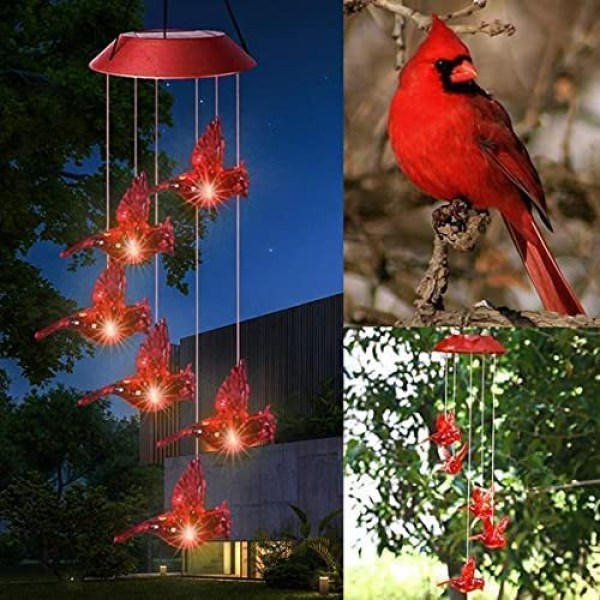 Solar Red Bird Wind Chime, aurinkoenergialla toimivat mobiili riippuvat patiovalot 6 elävällä kolibrilla, Multi