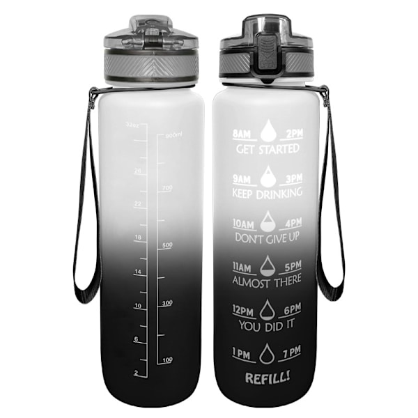 32oz Motivaatiovesipullo Ajanmerkinnällä, 1l Pullo Kantohihnalla, Täydellinen Kuntoiluun, Kuntosalille Ja Ulkoiluun (Uusi Valkoinen Ja Musta)