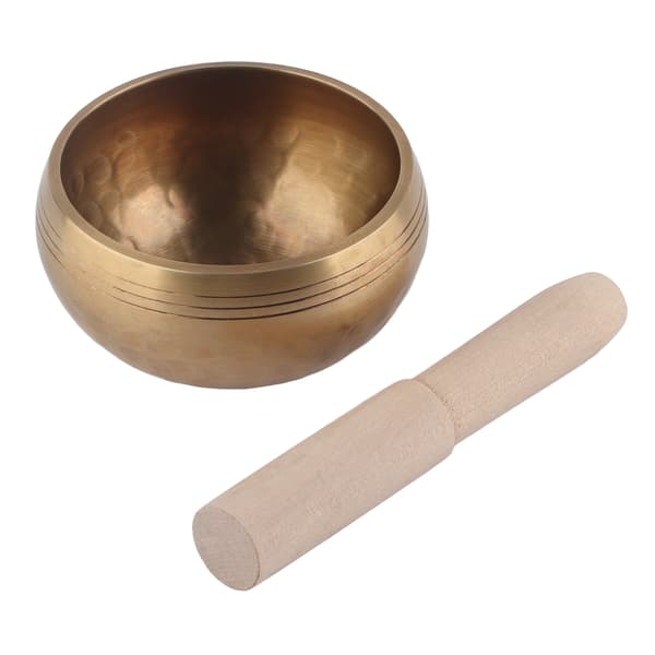 Tibetansk buddhistisk syngeskål i messing med trestikk for lydhealing og meditasjon