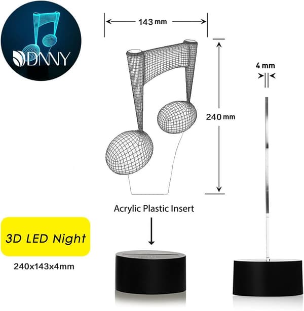 Musiknote 3D Illusion LED Natlampe Bordlampe 3D Optisk Illusion Visualisering LED Natlys Bordlampe 7 Farver Multifarvet USB Strøm til Liv