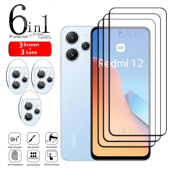 6-i-1 för Xiaomi Redmi 12 glas Redmi 12 härdat glas skyddande full täckning lim 9H HD skärmskydd Redmi 12 linsglas