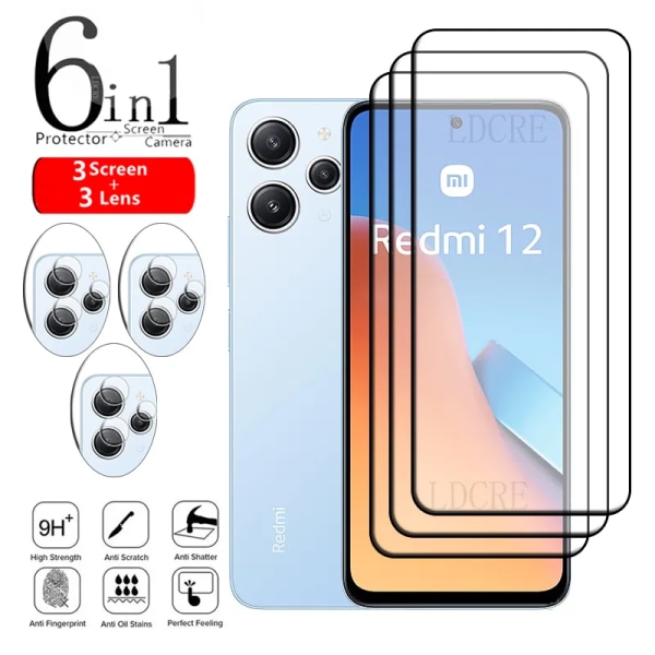 6-i-1 för Xiaomi Redmi 12 Glass Redmi 12 Härdat glas Cover 9H HD skärmskydd Redmi 12 linsglas