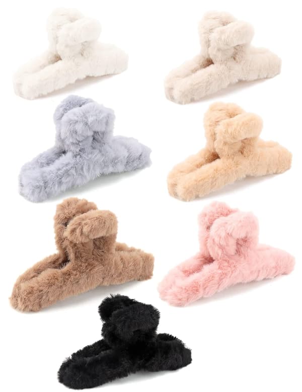 7 stk. 4,5 tommer lodne hårkløer til kvinder og piger, søde fluffy hårklemmer, bløde skridsikre hårspænder til tykt hår